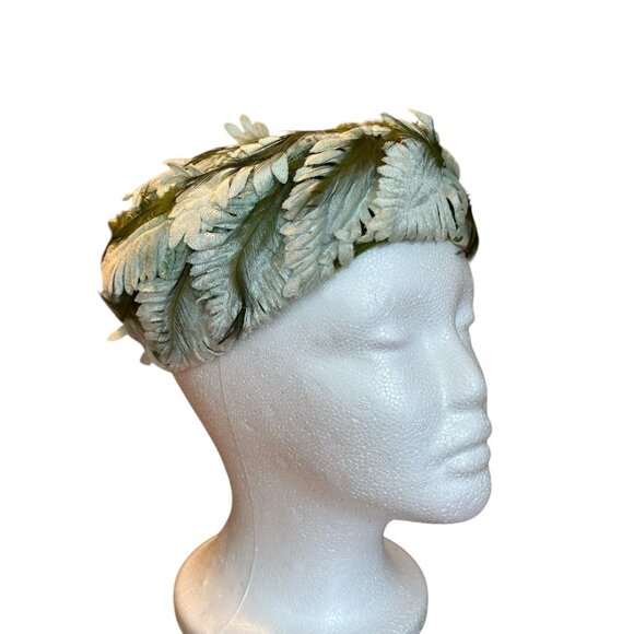 Vintage Union Made USA Feather Pillbox Hat Green 1950s 60s Turban Style Church main image 4